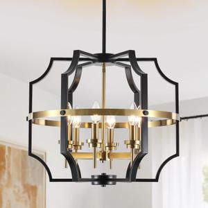 19.7'' Black and Gold Chandelier for Dining Room, 6-Light Farmhouse Industrial Chandelier Adjustable Modern Geometric Pendant Lights for Living Room Kitchen Entryway Foyer Hallway