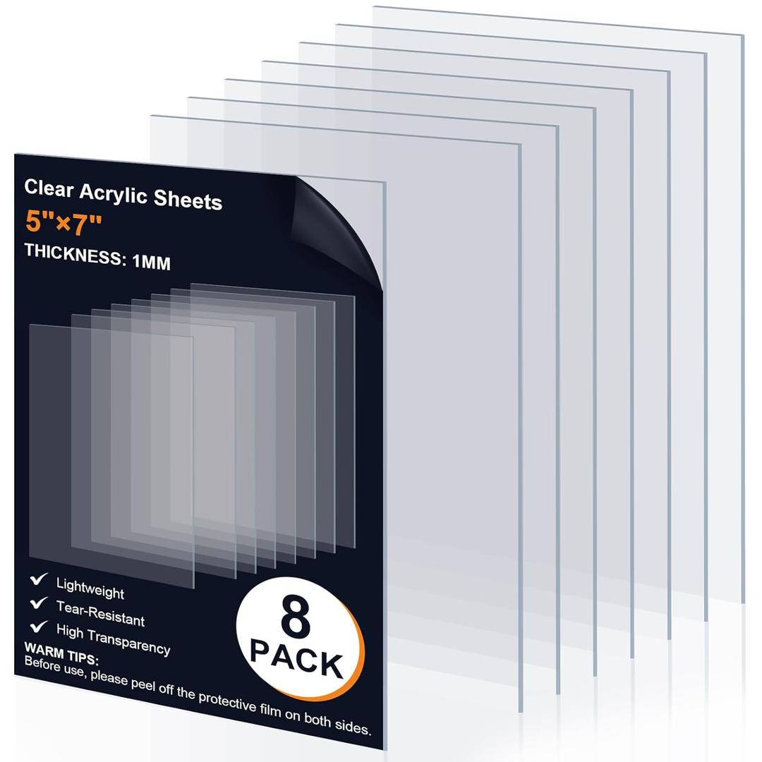 8 Pack 5"7" Clear Transparent Plexiglass Sheets, 1/25 (1mm) Thick Plexiglass Sheets, Extrusion Process Acrylic Sheet for Photo Frame Glass Replacement, Art Protectors, DIY Craft Projects