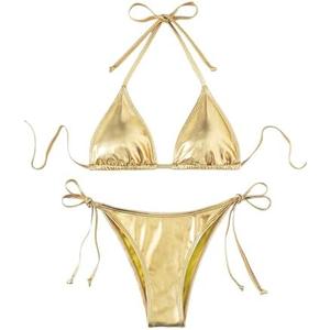 GORGLITTER Women's Metallic Triangle Bikini Top Halter Tie Side Swimsuit Set 2 Piece Bathing Suits Size S