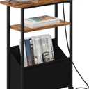 Yusong Narrow Side Table for Small Spaces, Skinny Charging End Table with Storage Basket, 3 Tier Slim Sofa Couch Bedside Table, Thin Nightstand for Bedroom, Living Room, Rustic Brown
