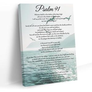 QIXIANG Bible Verse Wall Art Psalm 91 Picture Wall Decor Religious Paintings Christian Scripture Artwork Church Decor Framed(Blue,16L x 24W)