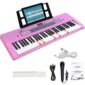 61 Key Electronic Keyboard Piano with Lighted Up Keys, Musical Mini Keyboard Piano with keyboard stand, Digital Portable Synthesizer Keyboards for Beginners Kids Adults, Pink