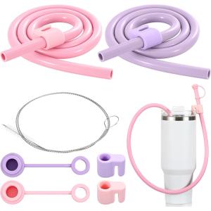 Baderke 2 Set Extra Long 35" Reusable Silicone Straws Compatible with Stanley 40 oz Tumbler Large Water Wine Bottle Flexible Drinking Straws & Cleaning Brushes Tumbler Accessories (Pink,Purple)