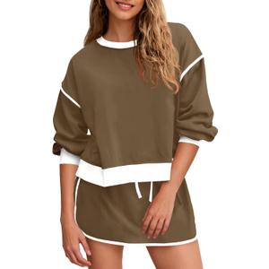 Fisoew Womens Sweatsuits 2 Piece Set Crewneck Sweatshirts High Waisted Skort Skirts Tennis Running Tracksuits Shorts Sets