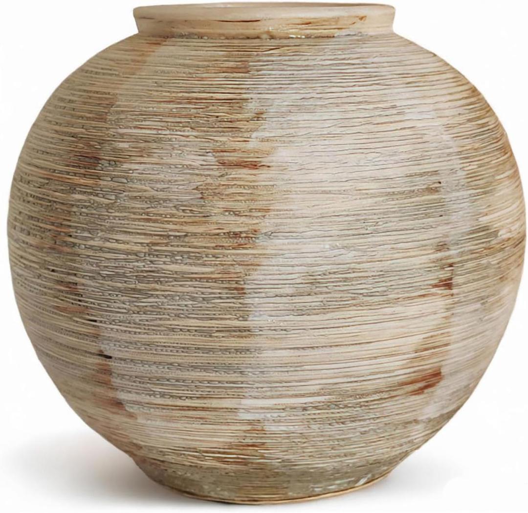 Rustic Ribbed Vase Home Decor - 6 in Ceramic Vintage Farmhouse Vases for Decor, Decorative Terracotta Round Bowl vase for Living Room, Table, Shelf, Kichen Decor