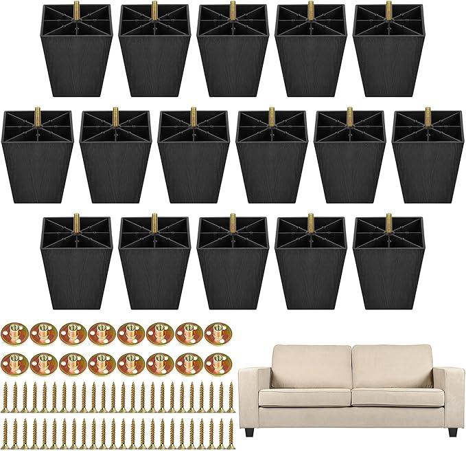 TURSTIN 16 Pack 4 Inch Furniture Legs Plastic Sofa Couch Legs Square Tapered Feet Sofa Legs with M8 TNuts Screws for Legs Sofas Chairs Cabinets Dressers Beds, Black