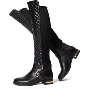 JustFab Womens Knee High Boots Faux Leather Brown Riding Boots Knee High Boots for Women Womens Low Heel Casual Boots for Women (9.5, Black-round Toe)