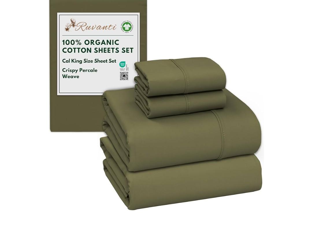 RUVANTI 100% Organic Cotton Sheets California King, Percale Weave, GOTS Certified, 4-Piece Set, Deep Pocket 13", Crisp & Breathable, Soft Durable Bedding, Sábanas Algodón Orgánico – Olive