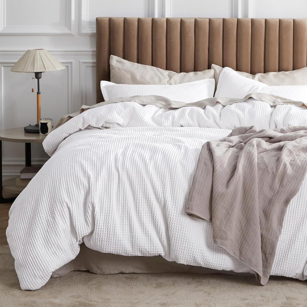 Bedsure Cotton Duvet Cover Queen - 100% Cotton Waffle Weave Bright White Duvet Cover Queen Size, GentleSoft and Breathable Bedding Set for All Season, 3 Pieces, 90"x90"
