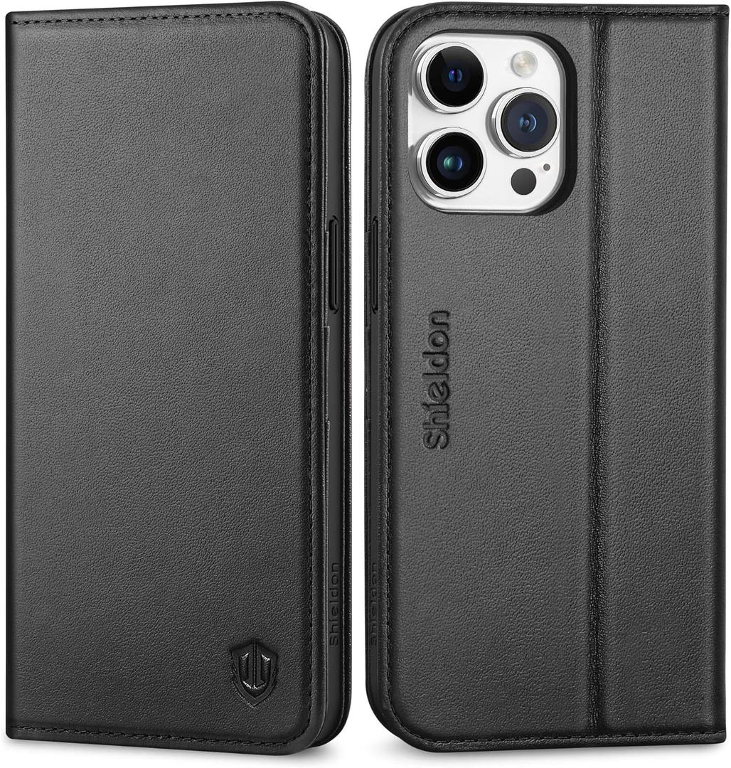 SHIELDON Case for iPhone 15 Pro Max 6.7", Genuine Leather Wallet Folio [Magnetic Closure] [RFID Blocking Card Slot] [Kickstand] Full Protection Case Compatible with iPhone 15 Pro Max 2023 - Black