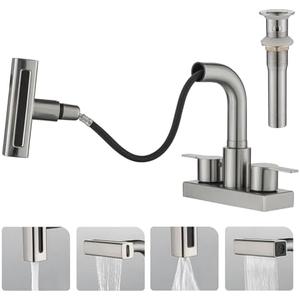 Bathroom Sink Faucet with Pull Down Sprayer 3 Holes, Brushed Nickel 4 inch 2 Handles Centerset Laundry Bar Basin Pull Out Faucet with Pop-Up Drain