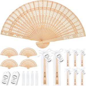 50 Sets Wooden Folding Hand Fans for Wedding Favors Bridal Shower Gifts for Guests, Summer Party Favors Bulk Return Gifts with Organza Bags and Thank You Tag (Original Wood Color)
