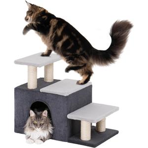 3-in-1 Pet Stairs for Cats, Dog Steps for Small Doggie,7.8'' Depth Cat Stairs,Indoor Cat Steps for High Bed for Pet's Joints, Soft Plush, 1 Big Cat Condo Cave, Sisal Scratching Posts, Grey, Large