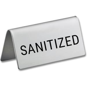 Sanitized Stainless Steel Metal Table Tent Sign - 3" x 1-1/2" - Table Top Setting for Restaurants, Catering Businesses, Business. Great for Wedding, Banquet, Buffet, Party, Events, To Label Sanitized
