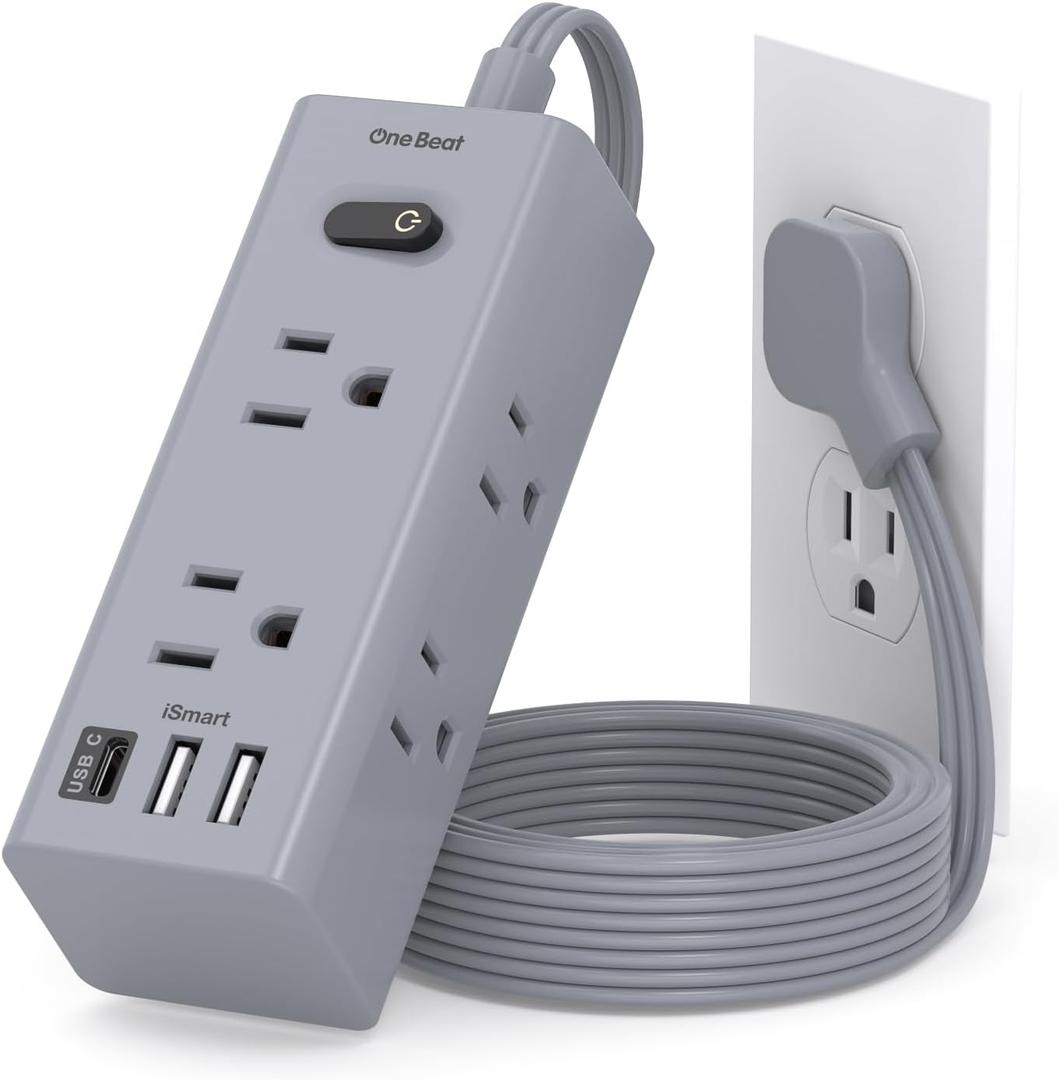 5Ft Extension Cord with Multiple Outlets, Flat Plug Power Strip Surge Protector with 5 Ft Long Cord, 6 Outlet 3 USB Ports (1 USB C), Multi Outlet Wall Plug for Travel, Dorm Room Essentials-Grey