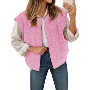 Yousify Womens Fuzzy Vest Cap Sleeve Crew Neck Knit Sweater Fall Casual Open Front Vest Outerwear (X-Large, Pink)