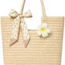 Straw Tote Bag for Women, Large Summer Beach Bag with Polka Dot Scarf & Plumeria Flower