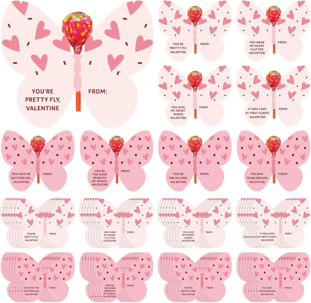 Tenceur 48 Pack Valentine Lollipop Candy Cards Holder 3.94 x 4.72 Inches Cute Pink Butterfly Valentines Exchange Cards for Classroom Exchange Gifts School Party Favors, Not Include Lollipops