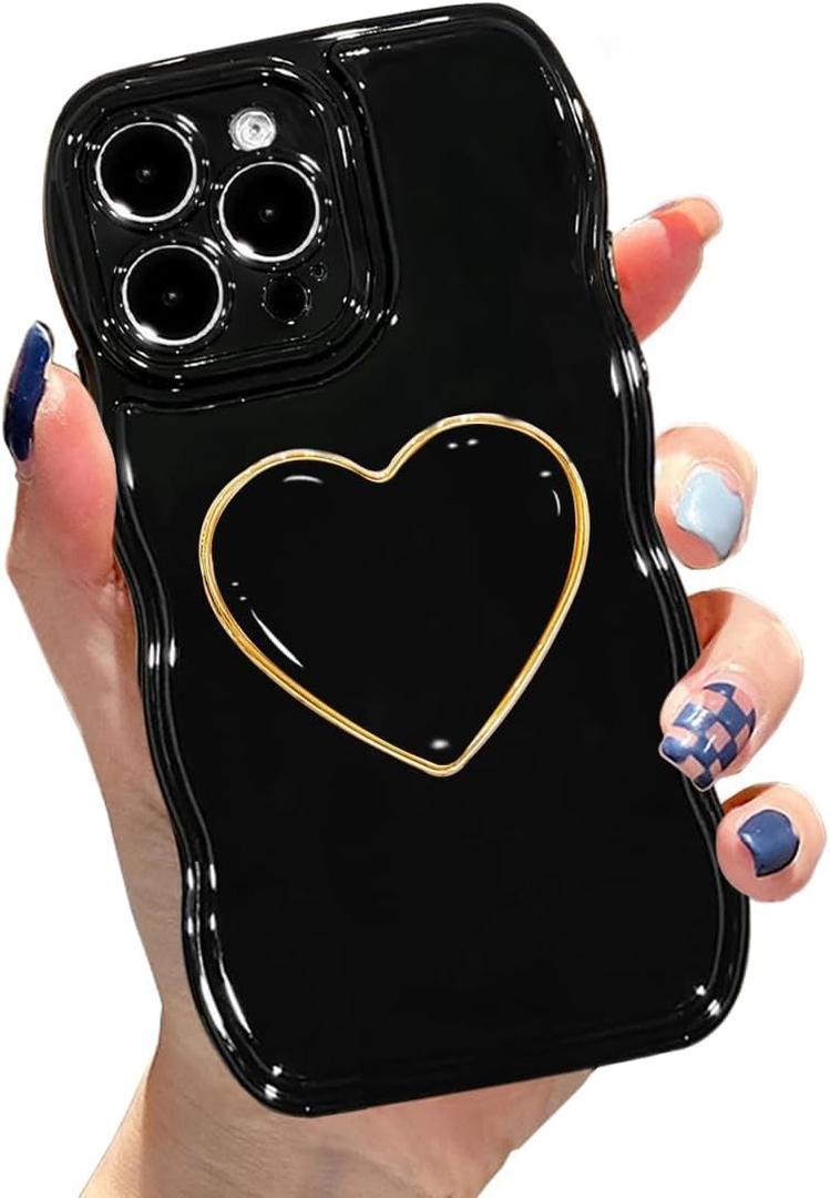 for iPhone 16 Pro Max Cute Case, Simple Wave Frame Curly Shape Shockproof Protective Cover with Stand, Black Luxury Bumper Love Heart Holder Kickstand Soft Silicone Phone Case for Women Girls
