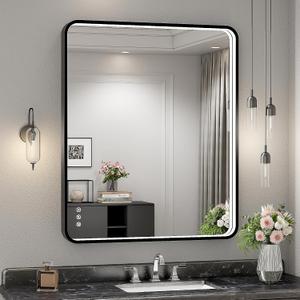 30x36 Inch LED Bathroom Mirror with Lights, Black Metal Framed LED Mirror for Bathroom, 3 Colors and Stepless Dimmable Wall Mounted Lighted Bathroom Vanity Mirror, Anti-Fog, Memory