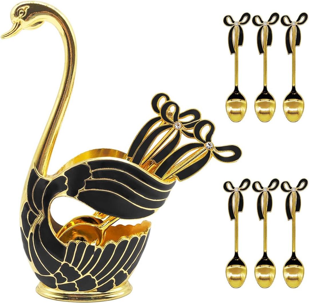 Flylin Coffee Spoon Holder Coffee Dessert Spoon Set Metal Swan Base Holder Spoon Organizer with 6pcs Ice Cream Spoons Teaspoons Coffee Dessert Flatware(Black)