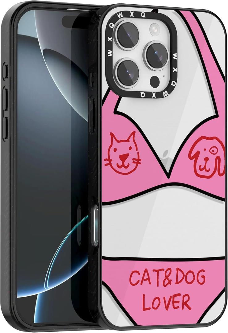 for iPhone 16 Pro Max Case TPU+PC Premium Colorful Drop Protection Case Excellent Shock Absorption Military Grade Drop Protection Pink Playful Cat Dog Bikini Pattern Phone case