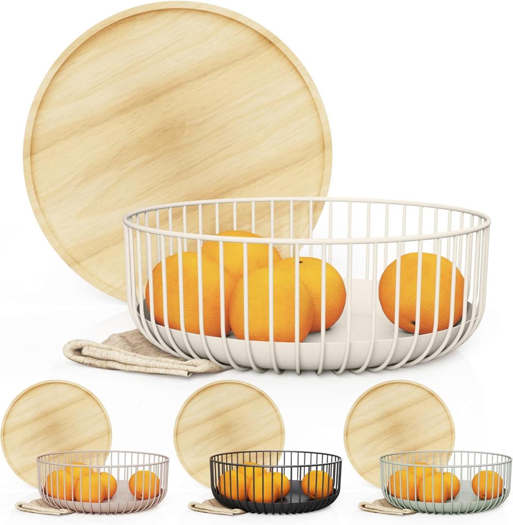 Fruit Basket for Kitchen - Multi-Purpose Stackable Basket with Wooden Lid - Powder Coated Metal and Rubber Wood - Wire Baskets for Organizing - Minimal Design - 4.5x11.4x11.4 - Warm Gray