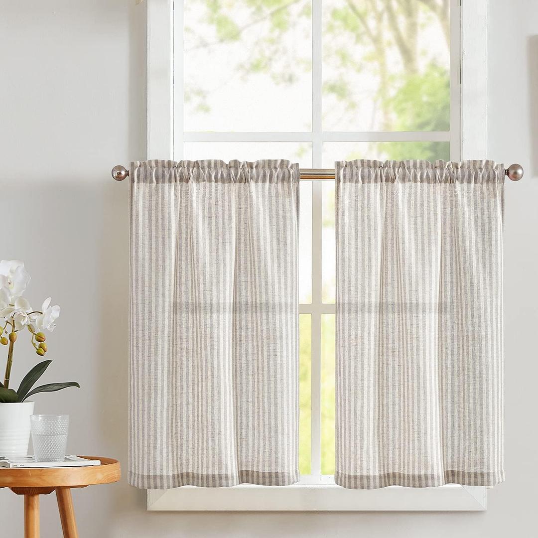 Vangao Stripe Farmhouse Kitchen Curtains 24 Inch Length Linen Blend Cafe Curtains Tickingstripe Tier Drapes Pinstripe Semi-Sheer Small Window Treatments Rod Pocket 2 Panels Taupe Grey on Beige