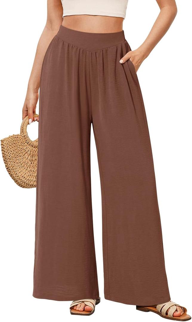 NIMIN Palazzo Pants for Women Wide Leg High Waisted Slack 2026 Summer Flowy Beach Casual Clothes with Pockets (Brown, L)