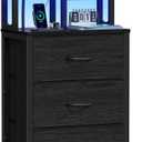 Furnulem Tall Nightstand, LED Night Stand with Charging Station and USB Ports, 4 Fabric Drawers and 4 Tier Storage Shelf, Nightstands Bedside Tables for Bedroom, Dorm, Office (Black Oak)