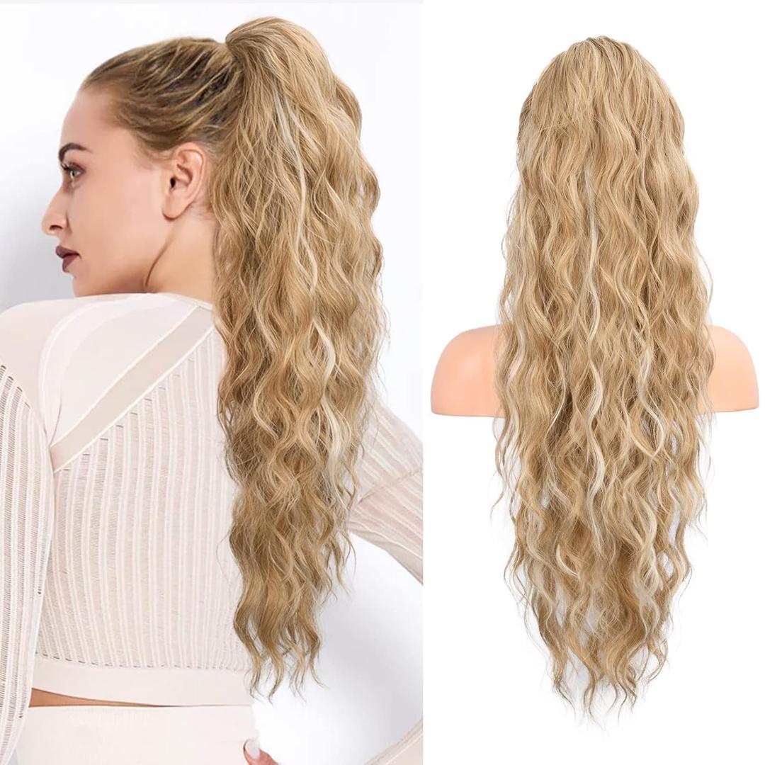 FLUFYMOOZ Ponytail Extension, 26 Inch Drawstring Ponytail Hair Extensions for Women Long Curly Wavy Ponytail Natural Synthetic Hairpiece for Women (26 Inch Honey Blonde with Highlight)