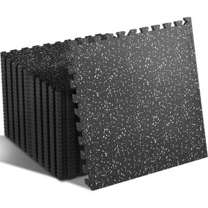 SUPERJARE 0.4'' Thick 24 Pcs 96 Sq Ft Rubber Top Exercise Equipment Mats, High Density EVA Foam Mats with Rubber Top, Interlocking Gym Flooring for Home Gym, Protective Workout Mat, Black/Grey