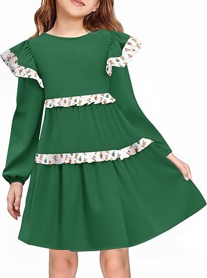 Haloumoning Girls Long Sleeve Dress Kids Ruffle Babydoll Dress Casual Party Swing Dresses 5-14 Years (Green,160)