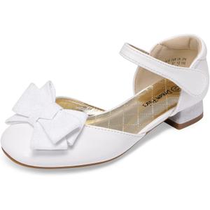 DREAM PAIRS Girls Dress Shoes Closed Toe Low Heels Ankle Strap Bow Ballet Wedding Party Sandals Princess Flower Shoes for Little Kid (White, Size 2)