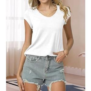 Bliwov Pack of 1 Womens Cap Sleeve Tops V Neck T Shirts Spring Summer Casual Plus Size Beach Vacation Fashion Basics Tee Clothes, M, White
