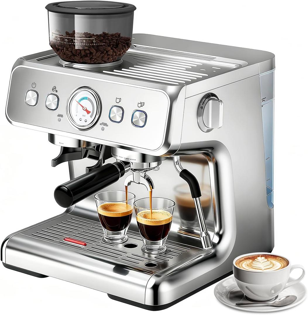 Espresso Machine, 20 Bar Semi-Automatic Espresso Machine with Grinder & Milk Frother Steam Wand, 1450W Home Cappuccino Latte Machine with Removable 95 Oz Water Tank, Stainless Steel