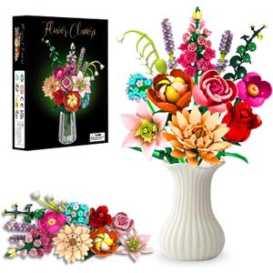 Flower Bouquet Building Kit, 762 PCS Eternal Flower Arrangement with Rose, Lily, Lavender & More, DIY Home Decor Set, for Christmas Day, Building Blocks for Adults & Kids Ages 6+