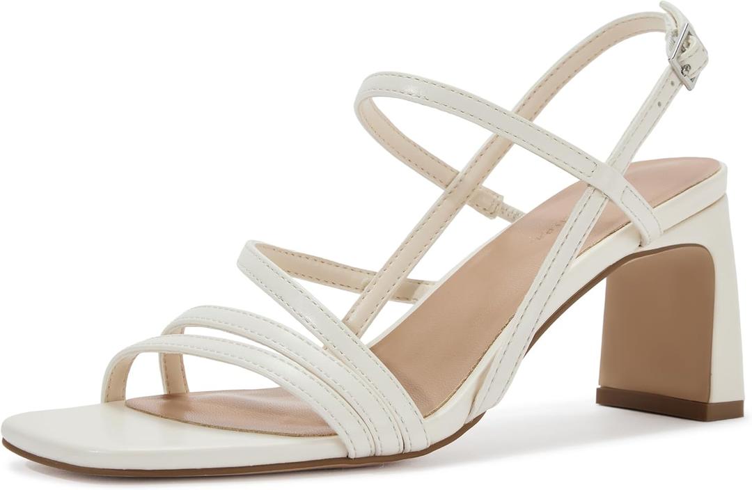 CosyFever Womens Strappy Heeled Sandals 3 Inches Chunky Block Heel Square Toe Buckle Dressy Shoes for Party Work Casual (6.5, Bone)