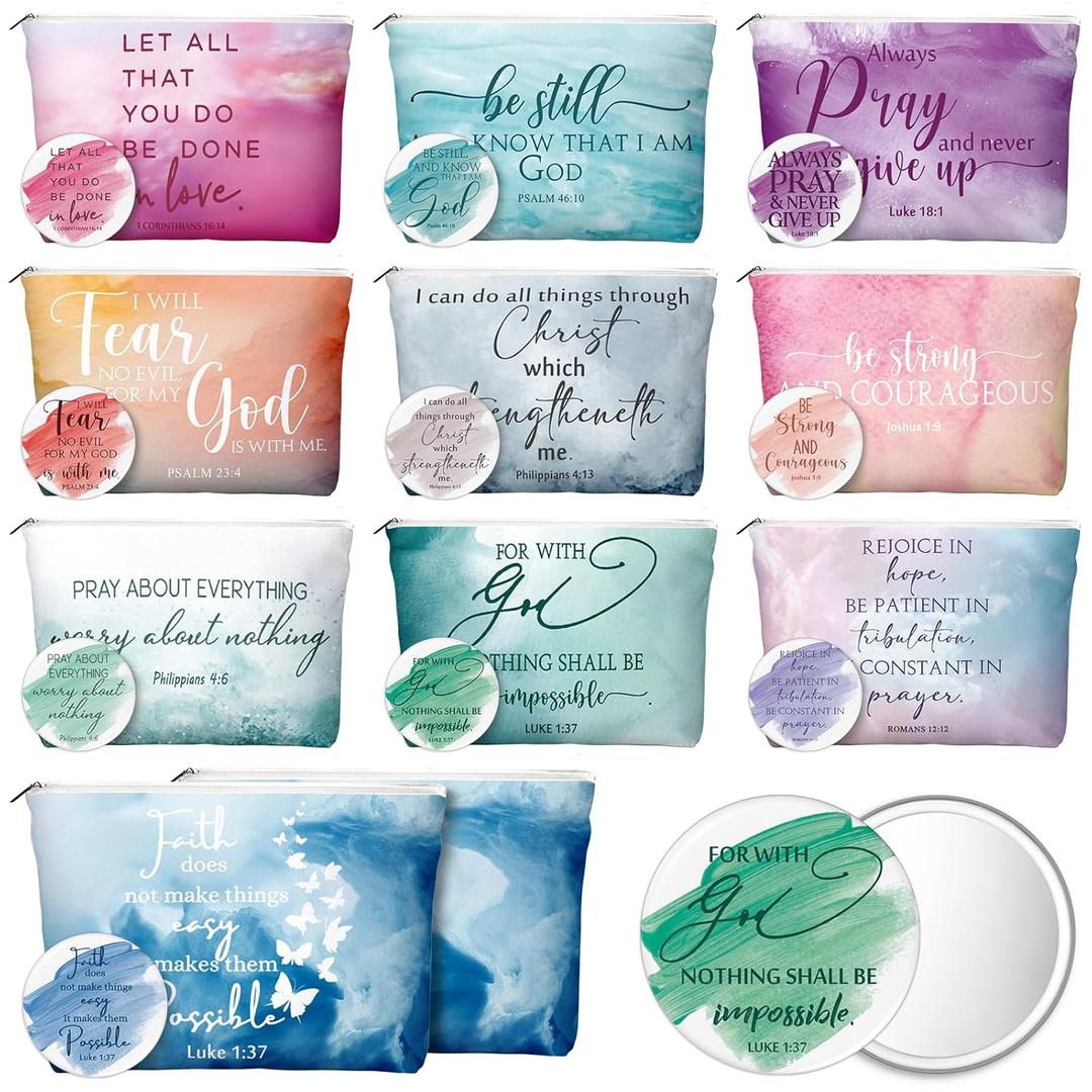 Reginary 20 Set Thanksgiving Christian Gifts for Women 20 Religious Canvas Makeup Bags 20 Bible Verse Compact Mirrors Church Christmas Faith Gifts for Ladies Mom Sister(Watercolor,Classic Style)