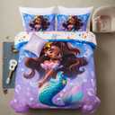 A Nice Night Mermaid Wearing Starfish Hair Accessory Queen Comforter Set for Girls, Ocean Theme Twin 6-Piece Bed in a Bag with Sheet Set & Pillowcases
