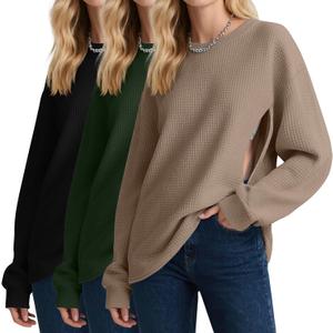 Oakgarden 3 Pack Women's Oversized Nursing Tops, Waffle Knit Breastfeeding Zipper Sweatshirt Long Sleeve Maternity Shirts(Coffee, Army Green, Black, Small)