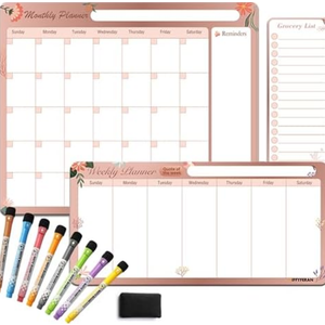 Magnetic Calendar for Fridge – Family Command Center with Monthly, Weekly & Grocery Boards – Dry Erase Whiteboard Set with 8 Markers & Eraser – Organize Meals, Chores & Schedules