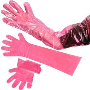 Okllen 100 Pcs Long Gloves Disposable, 34.2 Inch Tearproof PE Shoulder Length Gloves, Waterproof & Oil-Resistant, for Field Dressing, Gutting, Veterinary, Cleaning, Pink