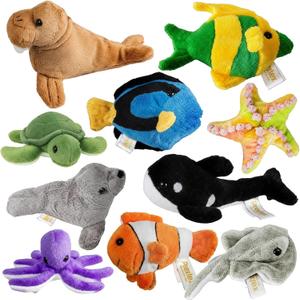 PREXTEX 10 Piece Plush Soft Stuffed Sea Animals - Small Stuffed Animals Bulk - Playset Plush Assortment, Turtle, Stingray, Nemo Fish, Killer Whale and More - Bulk Stuffed Animals