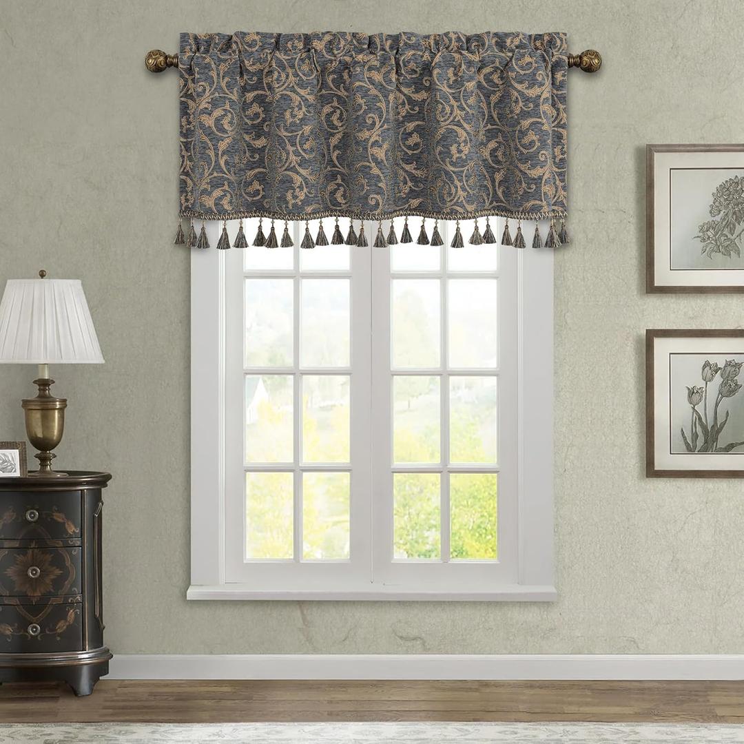 Loom and Mill Elegant Damask Valances for Living Room Window, Classic Acanthus Chenille Jacquard Window Treatment Valances with Tassels, Rod Pocket Short Curtain 1 Panel, 54 x 18, Blue-Grey+Khaki