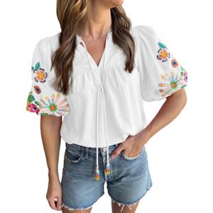 Women's Casual Floral Embroidered V Neck Boho Short Puff Sleeve Mexican Shirts Loose Summer Blouses Tops 2026 White S