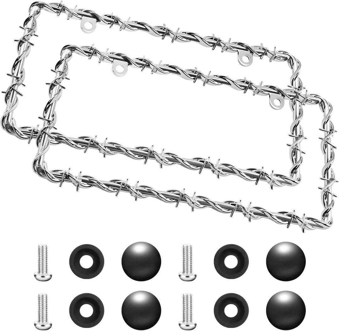 2Pcs Barbed Wire Design License Plate Frame, Chain Plate Frame Supplies Comes with Screws, Barbed Wire License Silver, Personalized License Cars, Trucks for Men and Women