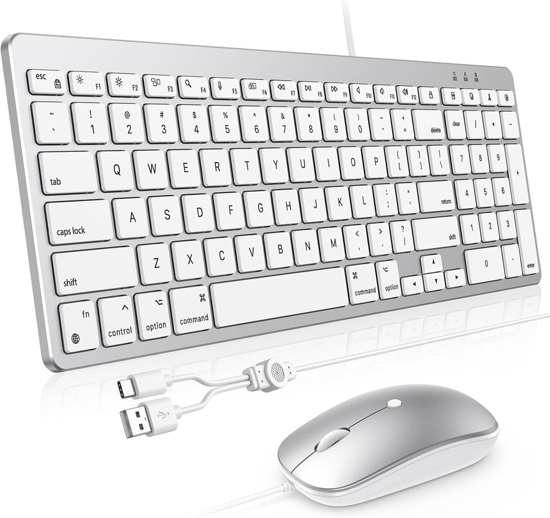 OMOTON Keyboard and Mouse for Mac, Wired Keyboard for Mac with Numeric Pad Dual Interface (Type-C & USB), Mouse with USB A Interface for MacBook Pro/Air, iMac, Mac mini/Pro Laptop, Silver White