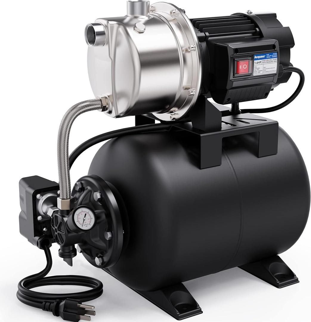Acquaer 1.6 HP Shallow Well Pump with Pressure Tank, Stainless Steel, 1320 GPH 115V Automatic Water Booster Jet Pump for Home, Garden, Lawn
