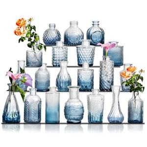 Glass Bud Vase Set of 17 - Small Vases for Flowers in Bulk - Assorted Vintage Crystal Vases for Flowers, Table Centerpieces (Blue, 17 Pcs)